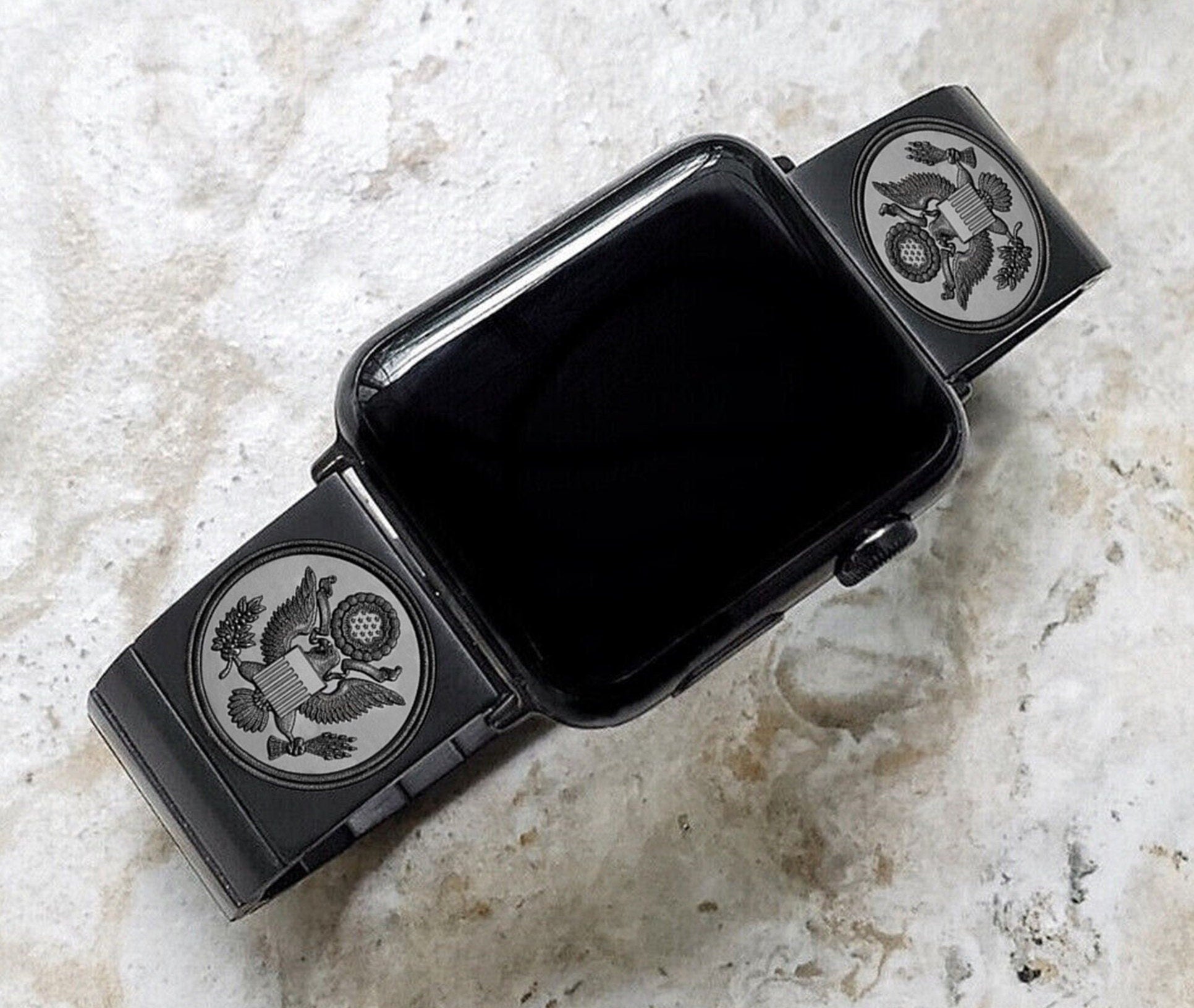 Engraved Watch Band Compatible with Apple iWatch Ultra 2 49mm and 9 8 Series 41mm 45mm Case Black Stainless Steel Tooled Strap Bracelet AS1